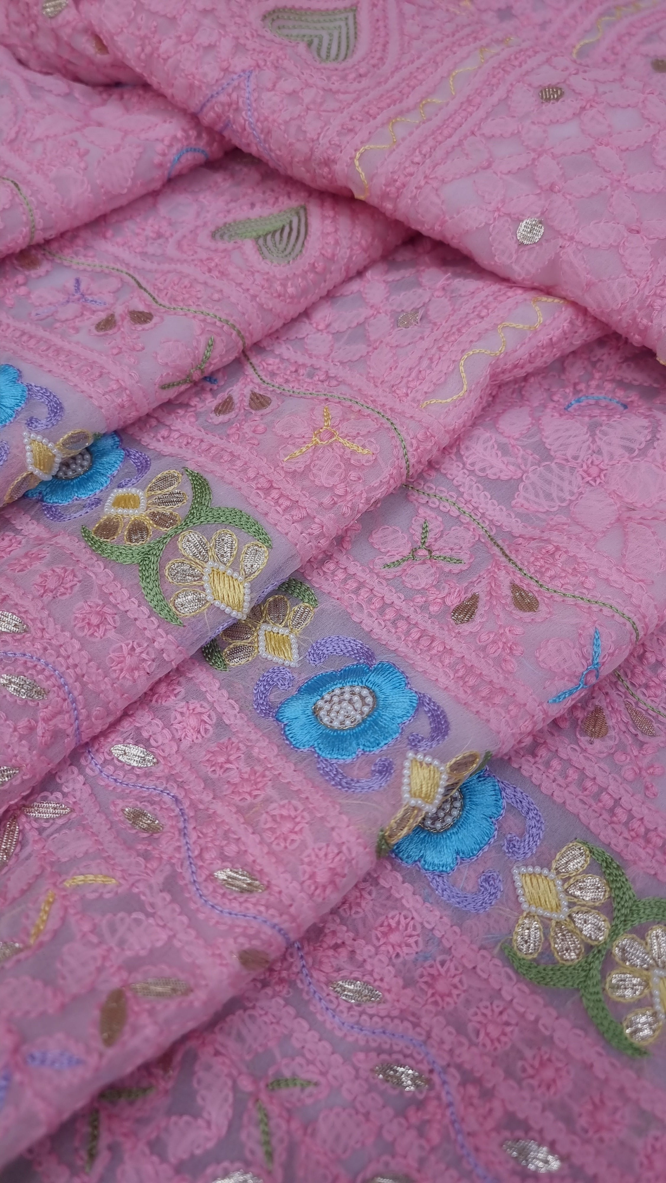 Georgette Chikankari Dress Material- Pink