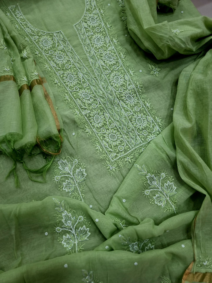 Pure Mulmul Dress Material- Pista Green