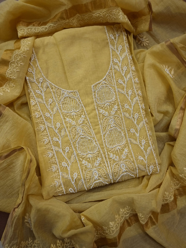 Pure Mulmul dress material- Yellow