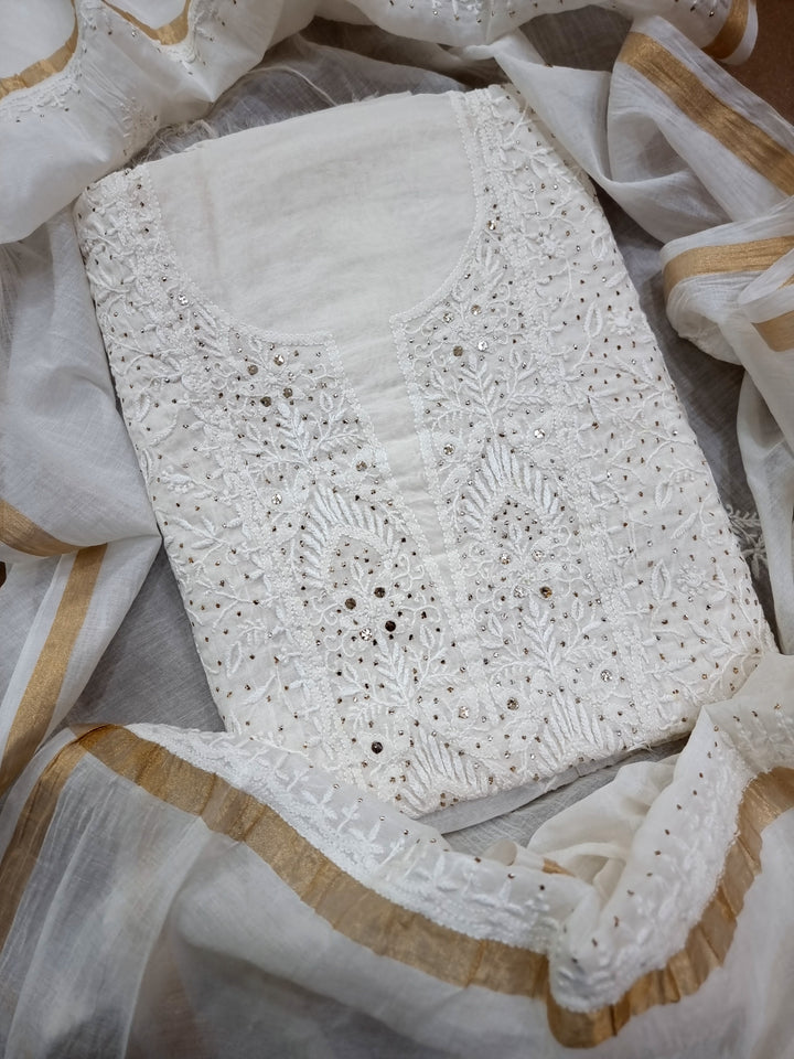 Pure Mulmul chikankari dress material- white