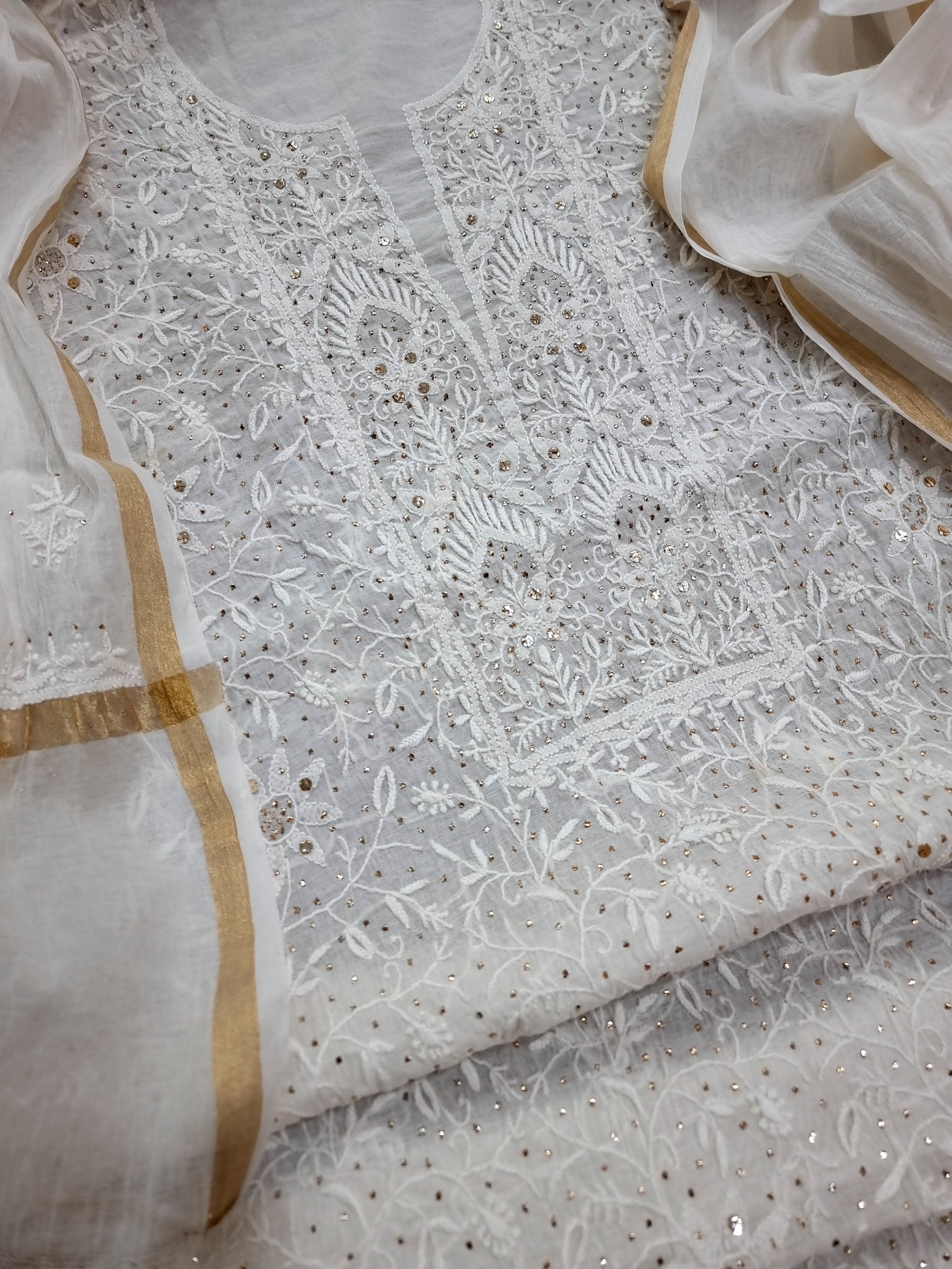 Pure Mulmul chikankari dress material white Paridhan Chikan Exclusive
