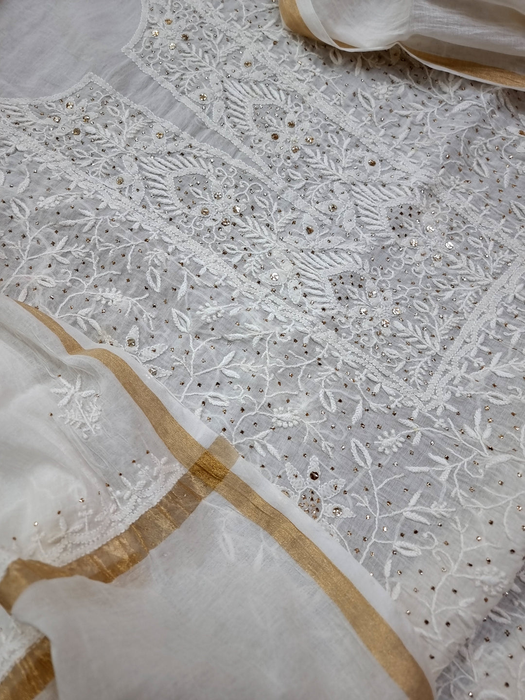 Pure Mulmul chikankari dress material- white