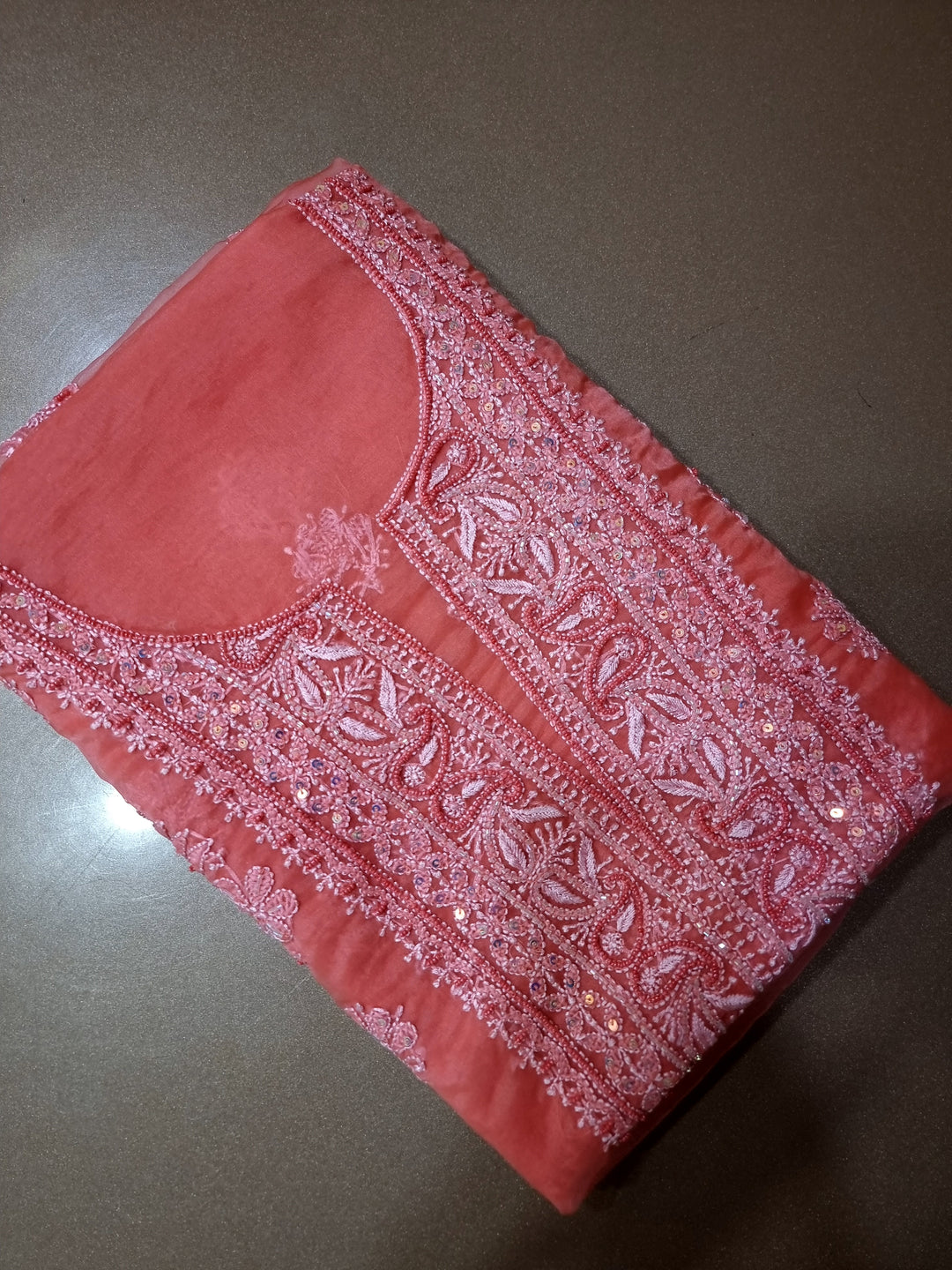 Organza Chikankari Dress Material- Carrot