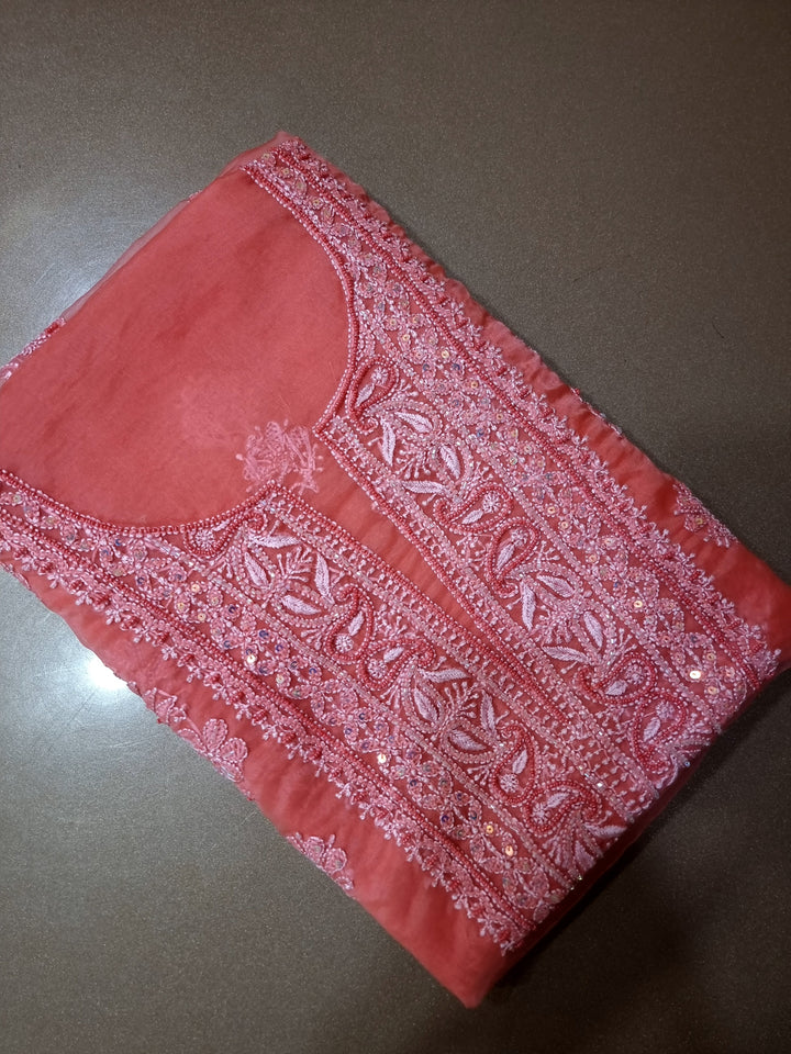 Organza Chikankari Dress Material- Carrot