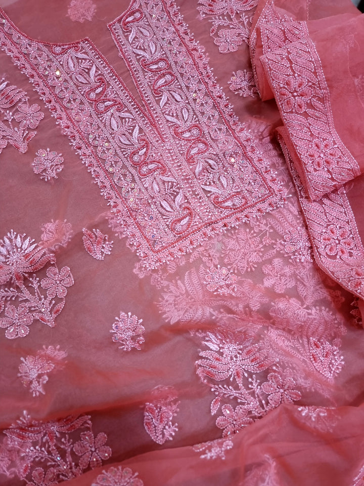 Organza Chikankari Dress Material- Carrot