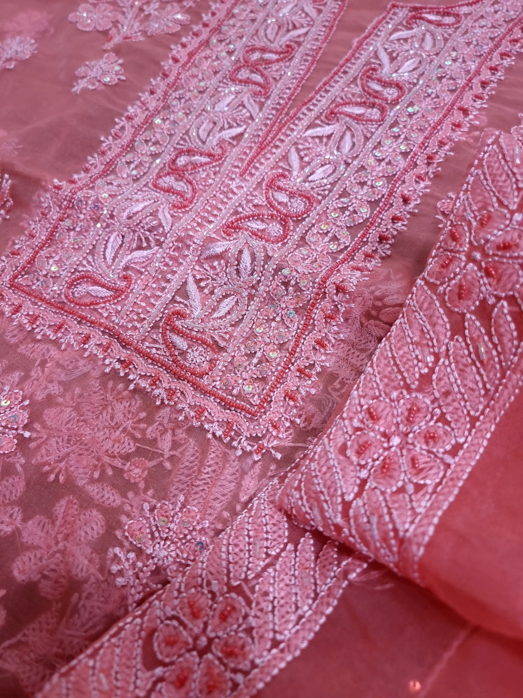 Organza Chikankari Dress Material- Carrot