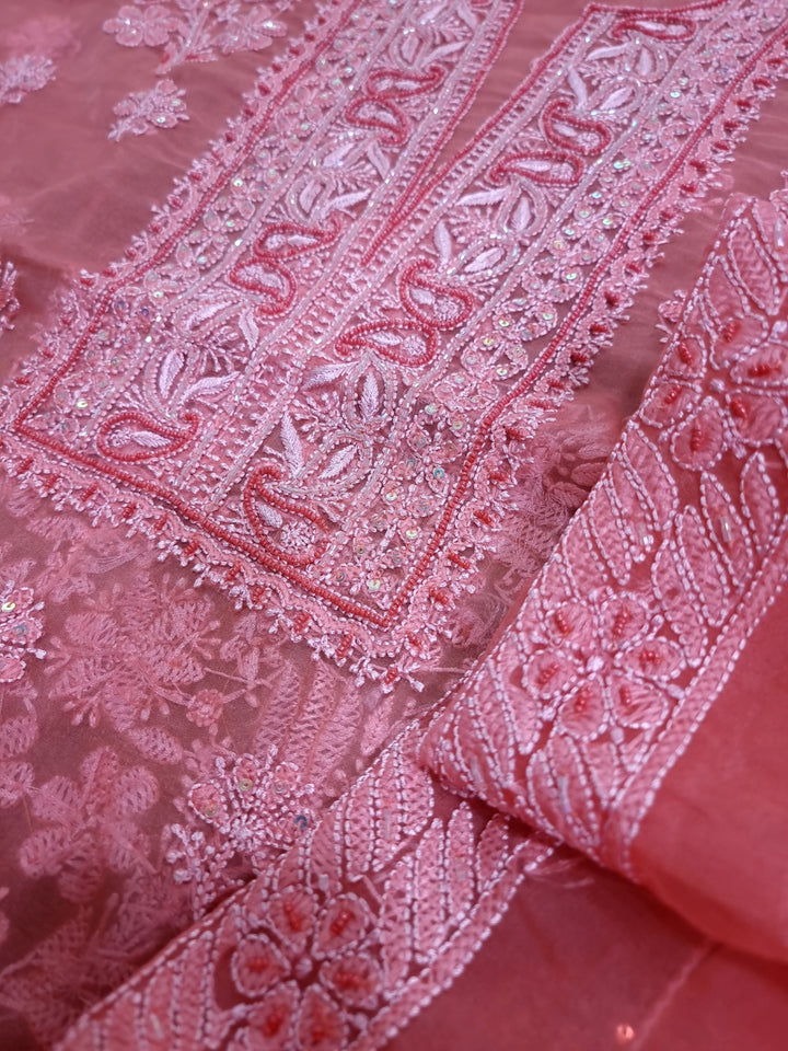 Organza Chikankari Dress Material- Carrot