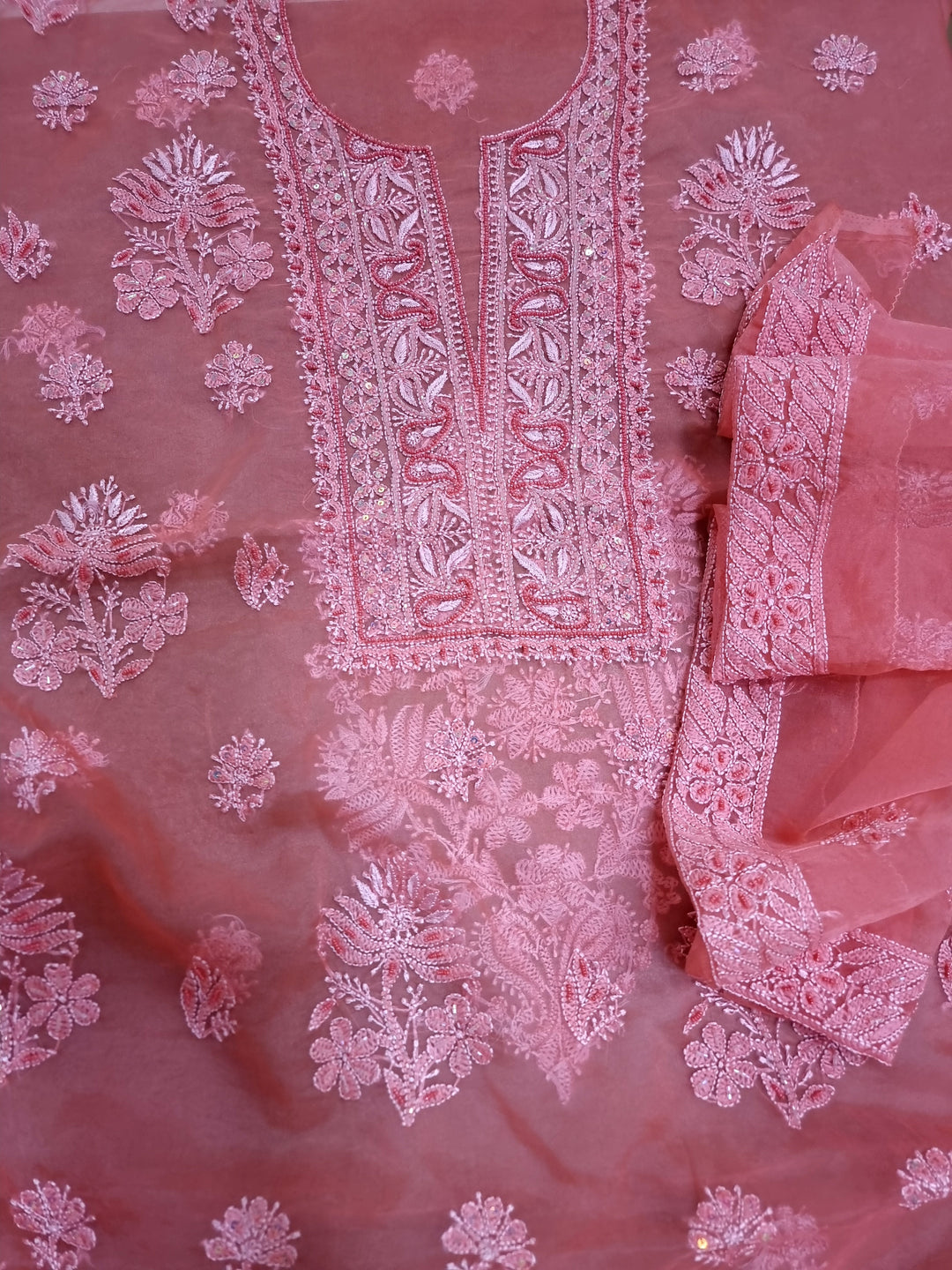 Organza Chikankari Dress Material- Carrot