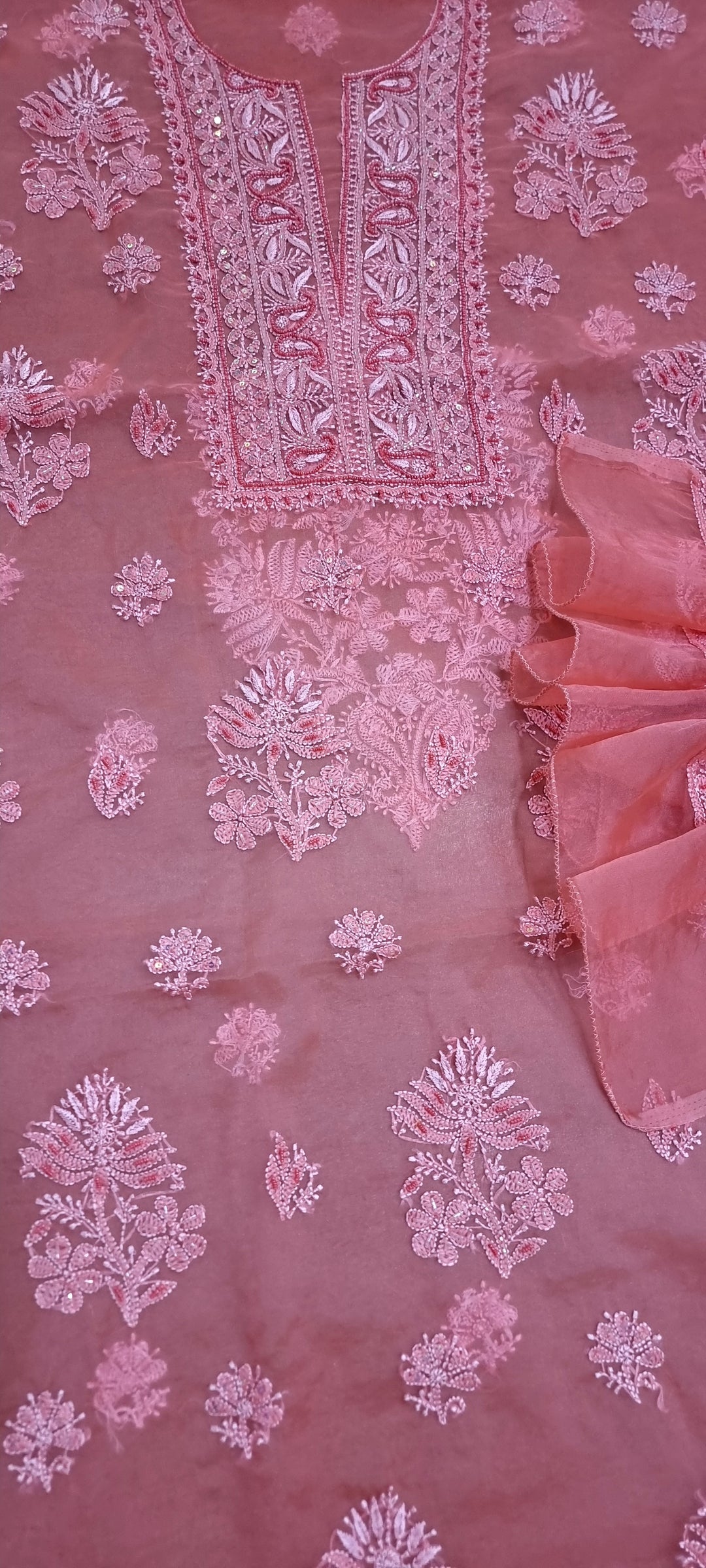 Organza Chikankari Dress Material- Carrot