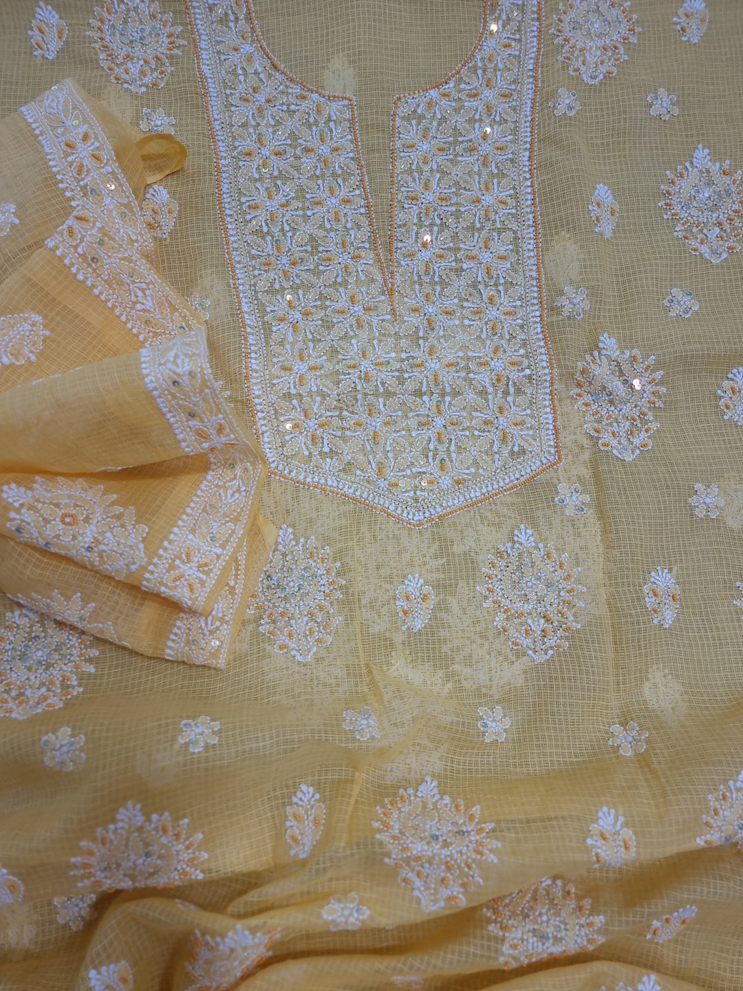 Kota chikankari unstitched Dress Material yellow