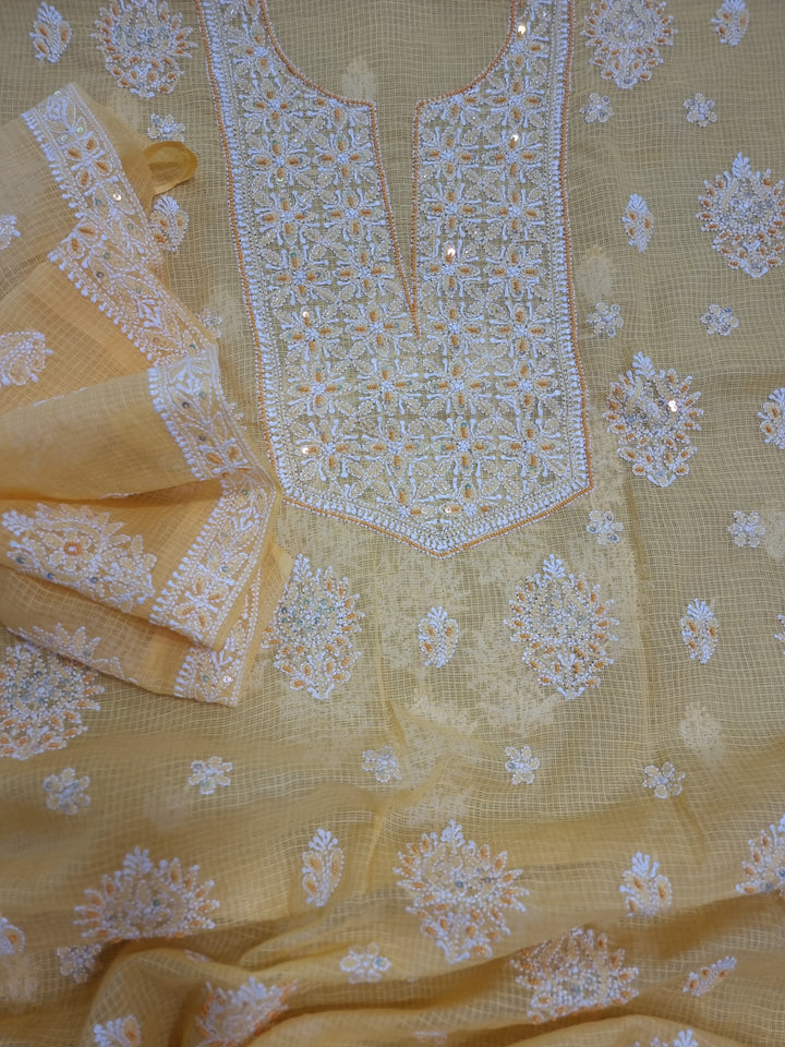 Kota chikankari unstitched Dress Material yellow