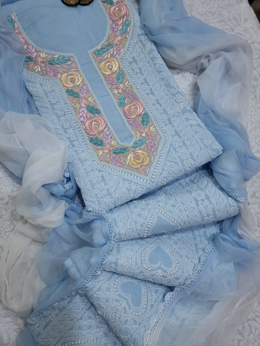 Parsigara Chikankari Cotton Mul Dress Material blue