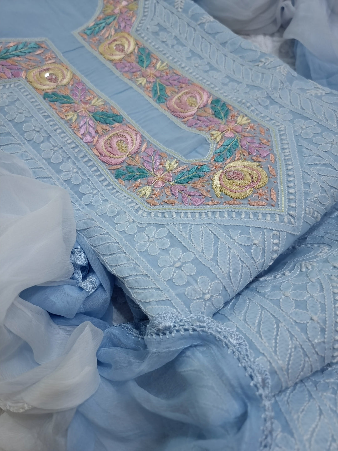 Parsigara Chikankari Cotton Mul Dress Material blue