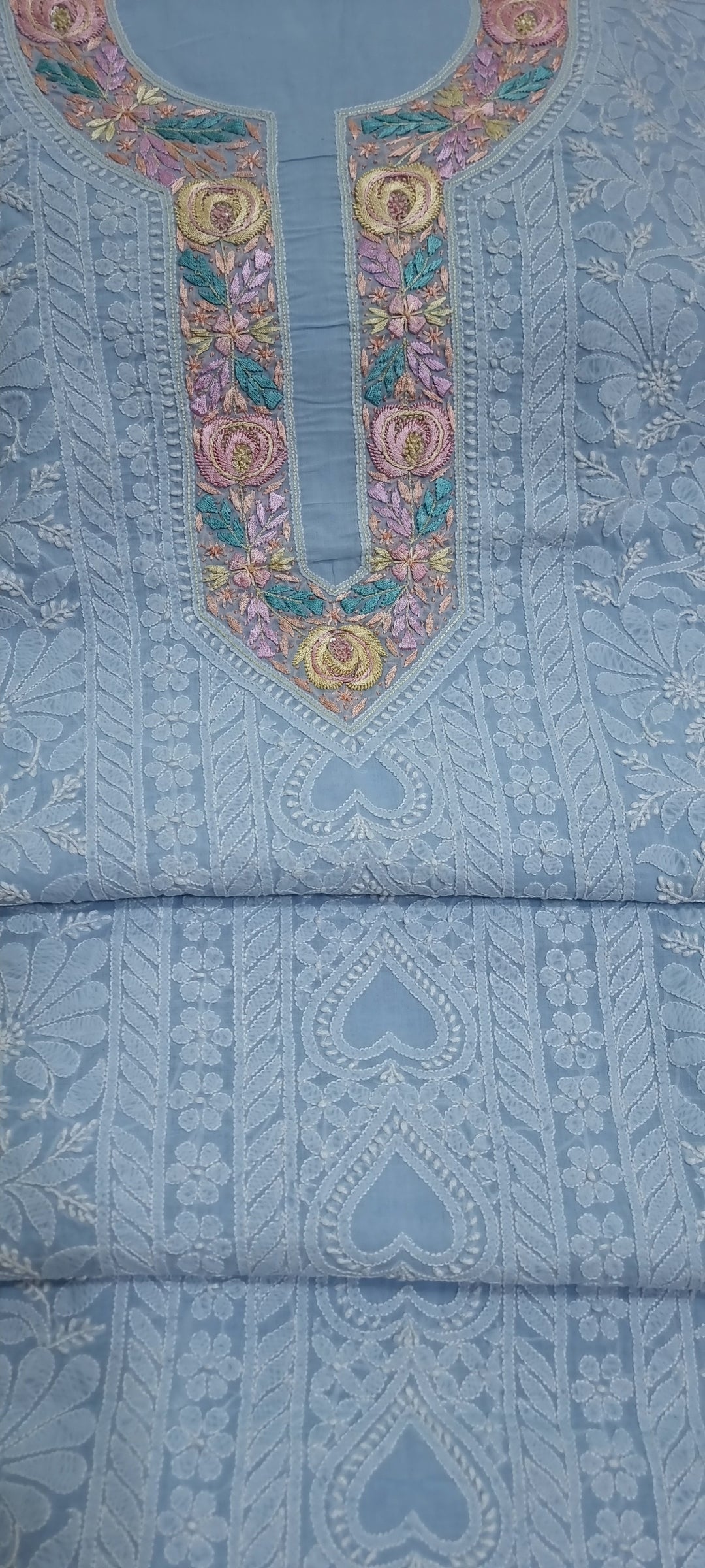 Parsigara Chikankari Cotton Mul Dress Material blue