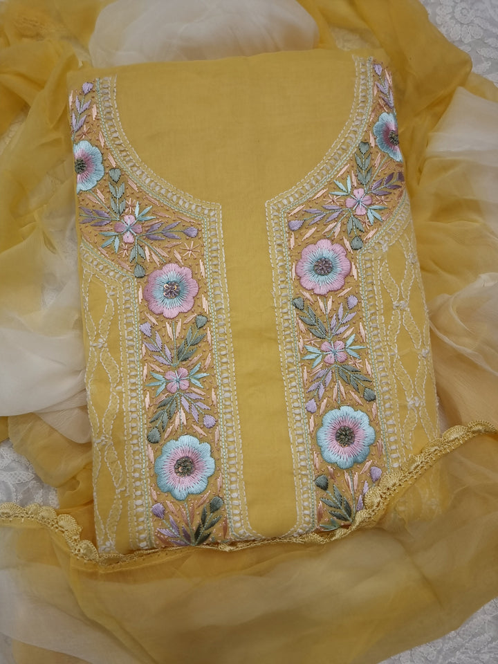 Parsigara Chikankari Cotton Mul Dress Material yellow