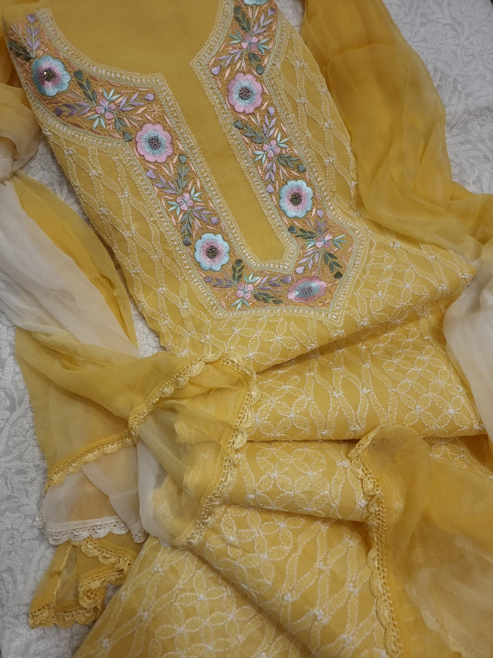 Parsigara Chikankari Cotton Mul Dress Material yellow