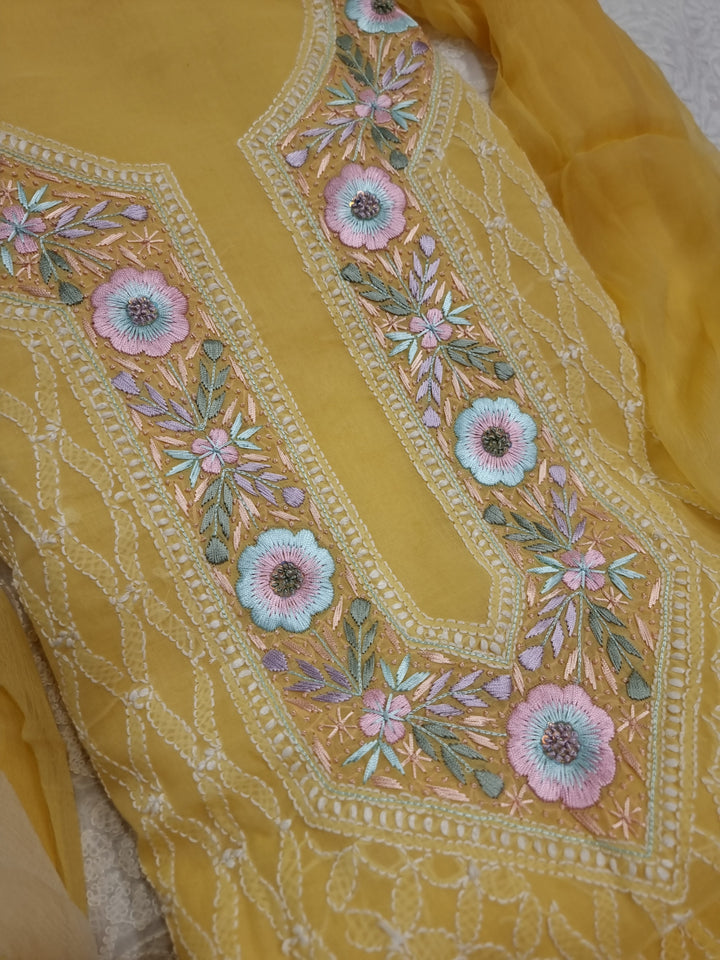 Parsigara Chikankari Cotton Mul Dress Material yellow