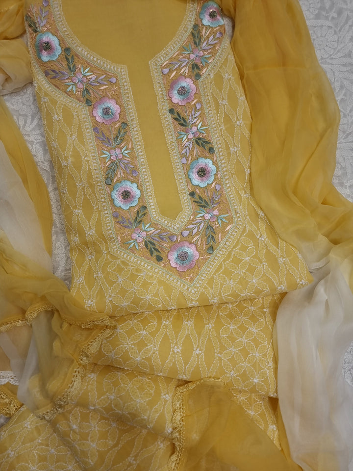 Parsigara Chikankari Cotton Mul Dress Material yellow