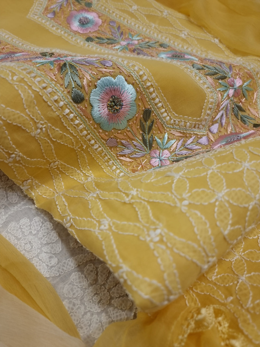 Parsigara Chikankari Cotton Mul Dress Material yellow