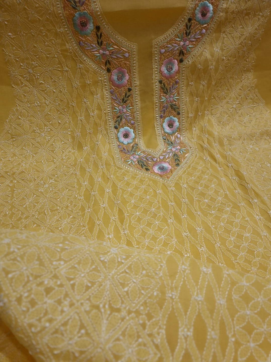 Parsigara Chikankari Cotton Mul Dress Material yellow