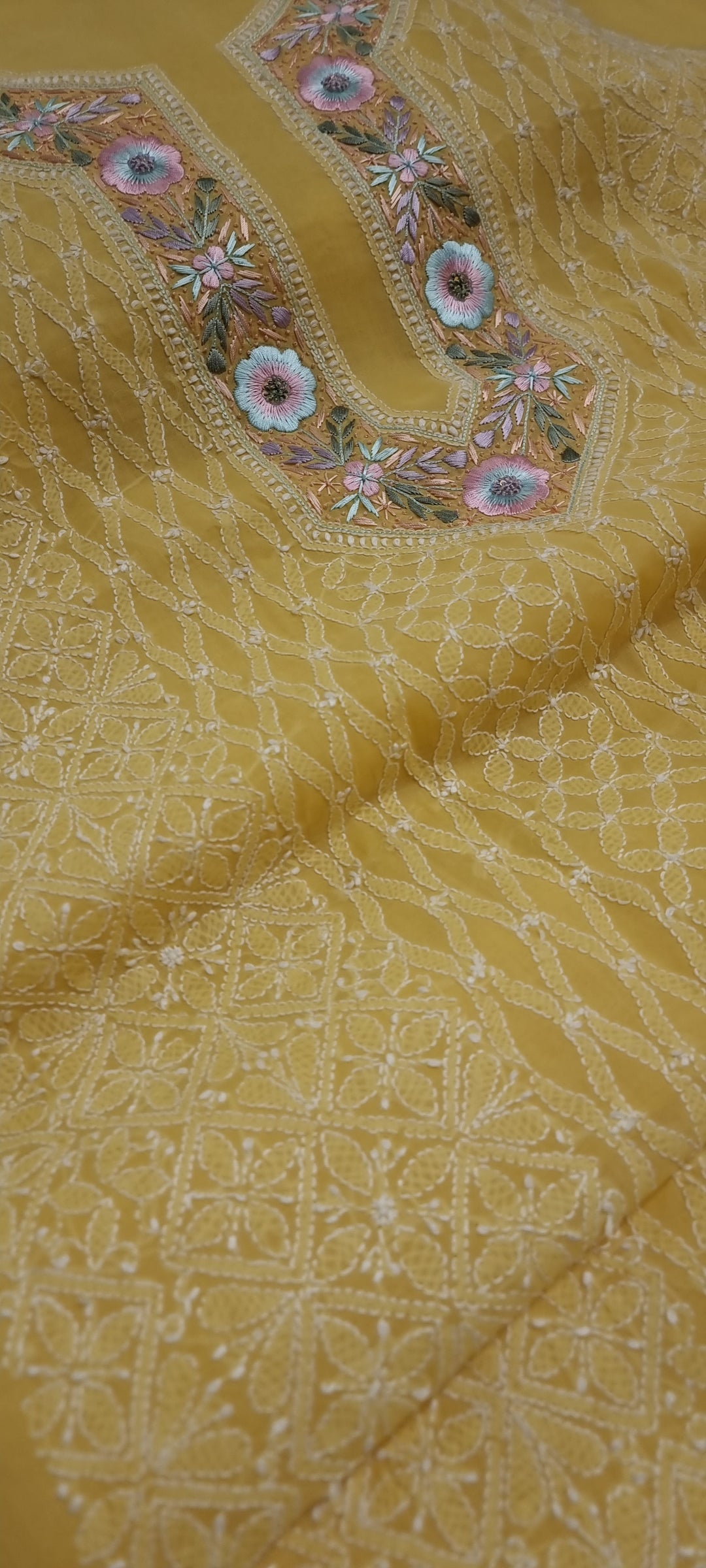 Parsigara Chikankari Cotton Mul Dress Material yellow