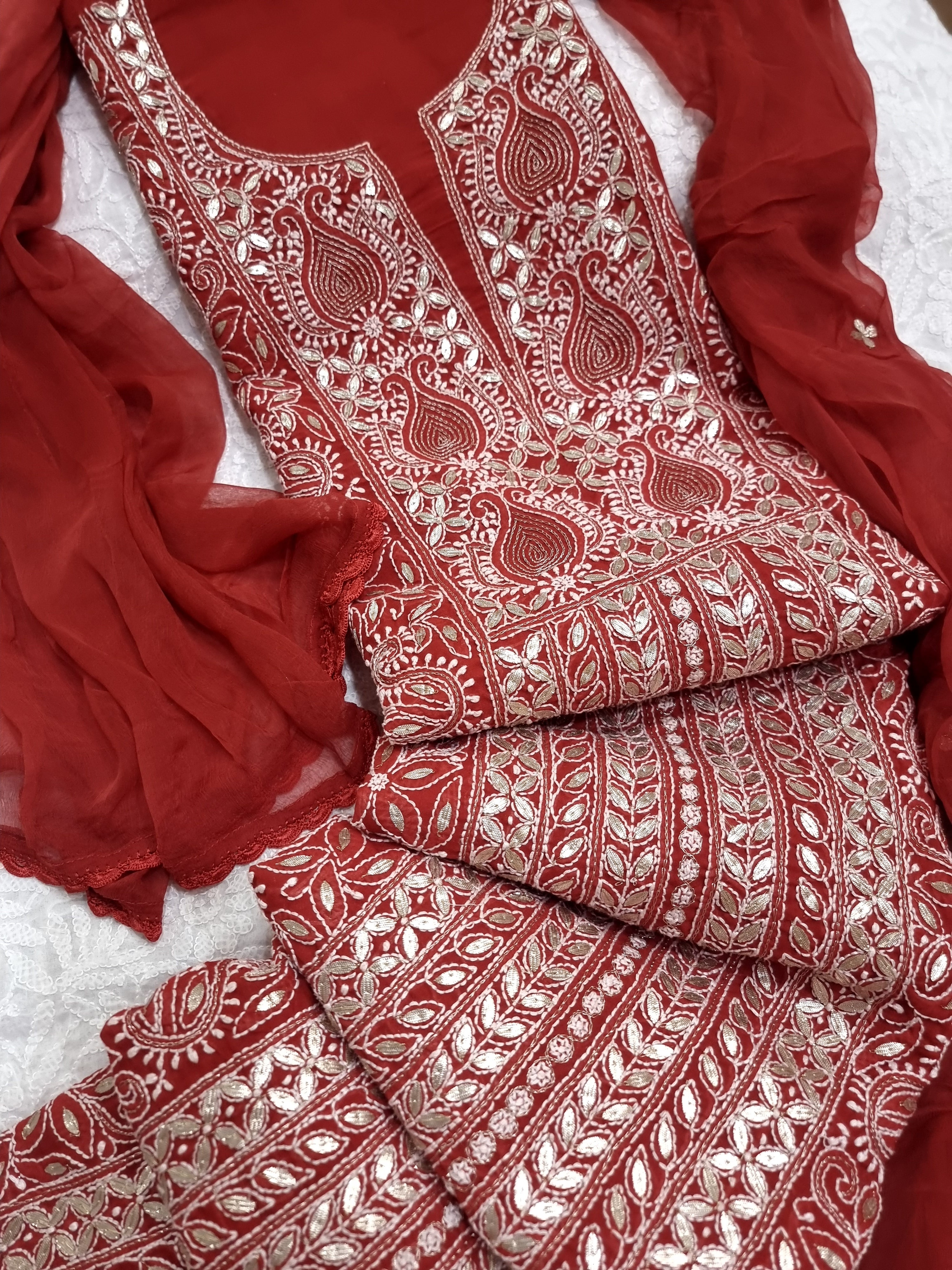 Red Premium Chikankari Cotton Mul Dress Material Paridhan Chikan Exclusive