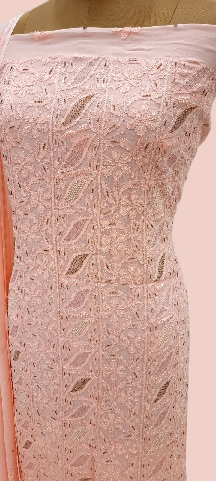 Peach premium Georgette chikankari dress material