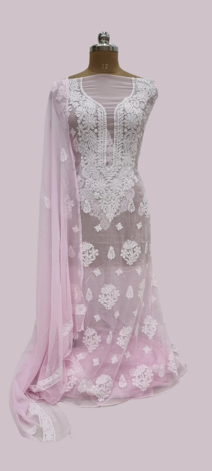 Georgette Chikankari dress material-Baby Pink