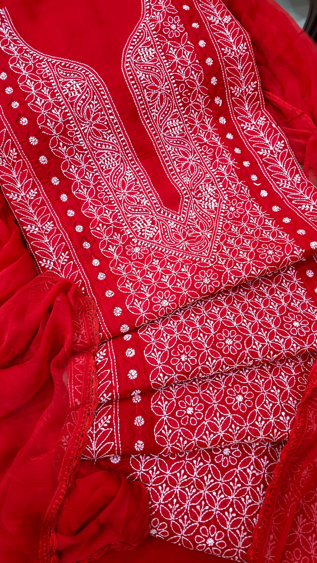 Darz Lucknowi Chikankari  Dress Material – Handmade Cotton Suit with Chiffon Dupatta