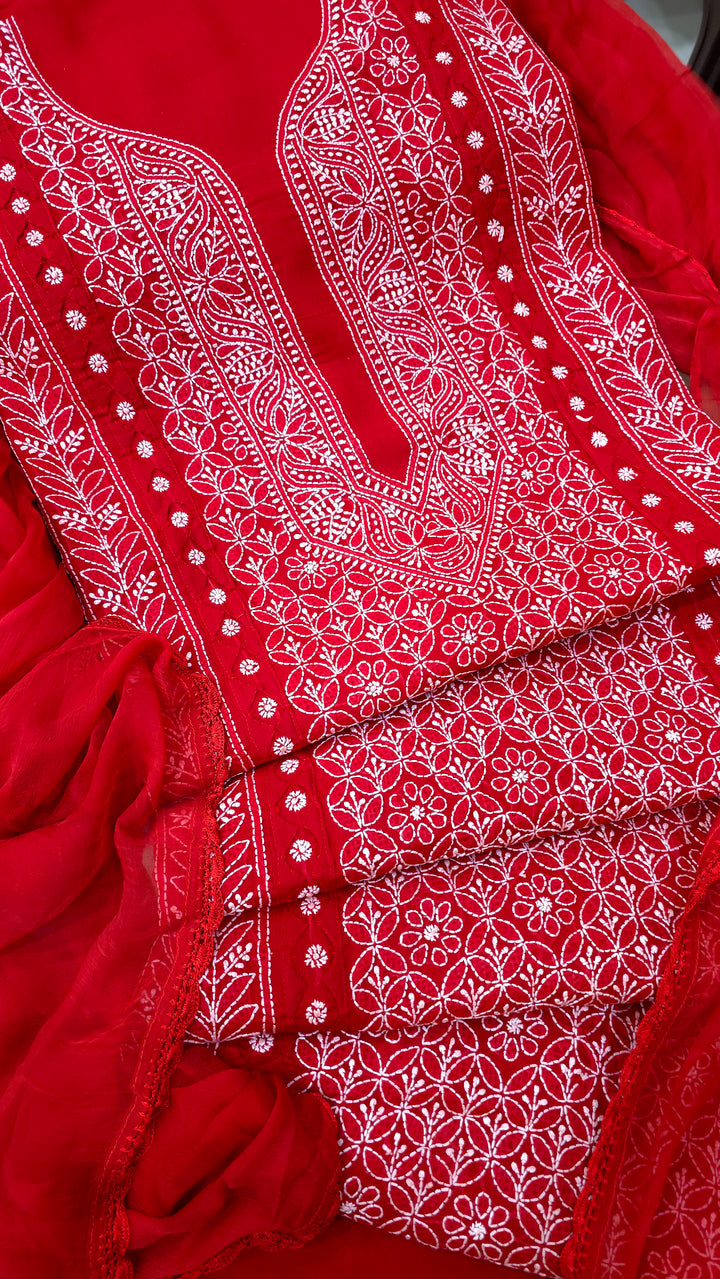 Darz Lucknowi Chikankari  Dress Material – Handmade Cotton Suit with Chiffon Dupatta