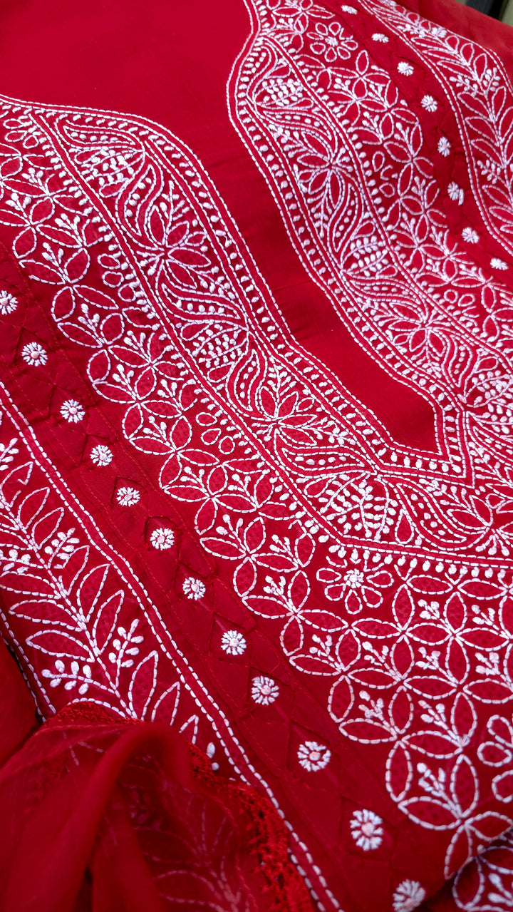 Darz Lucknowi Chikankari  Dress Material – Handmade Cotton Suit with Chiffon Dupatta