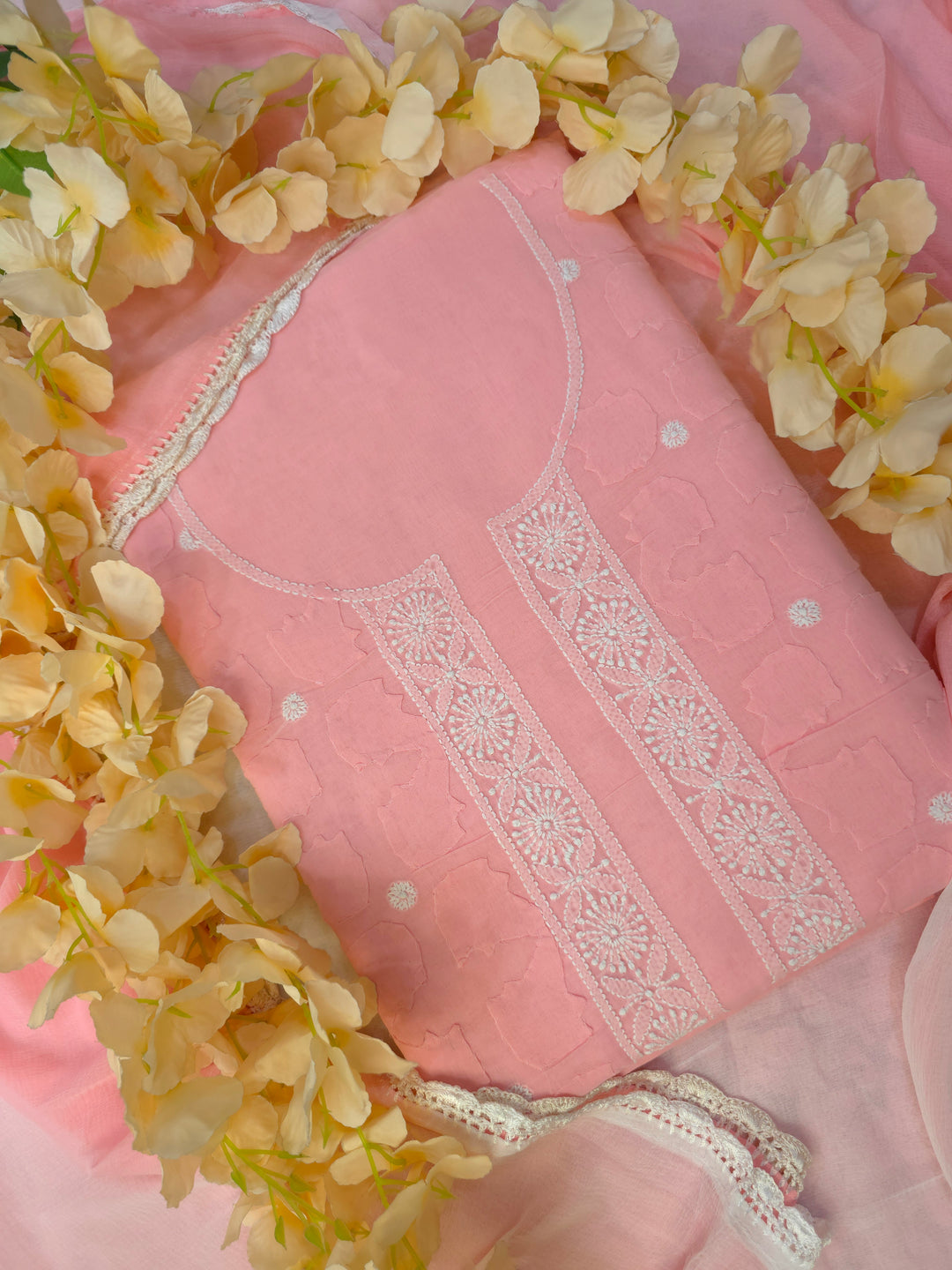 Darz Lucknowi Chikankari  Dress Material – Handmade Cotton Suit with Chiffon Dupatta