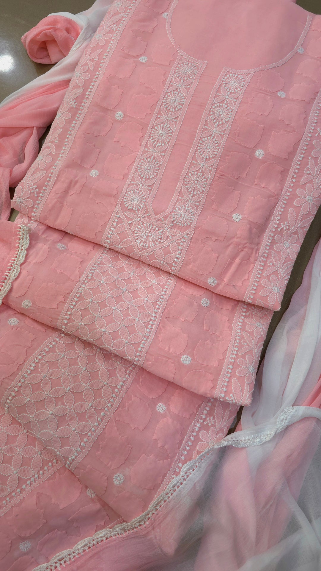 Darz Lucknowi Chikankari  Dress Material – Handmade Cotton Suit with Chiffon Dupatta
