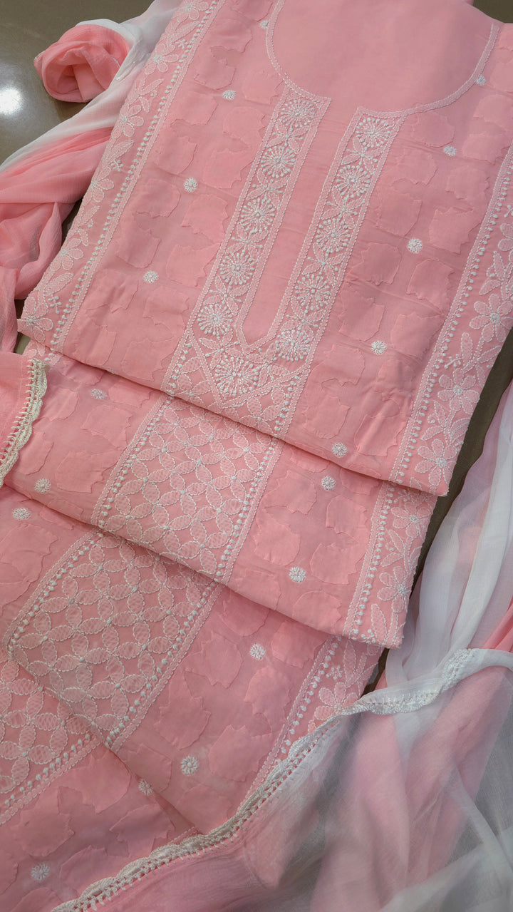 Darz Lucknowi Chikankari  Dress Material – Handmade Cotton Suit with Chiffon Dupatta