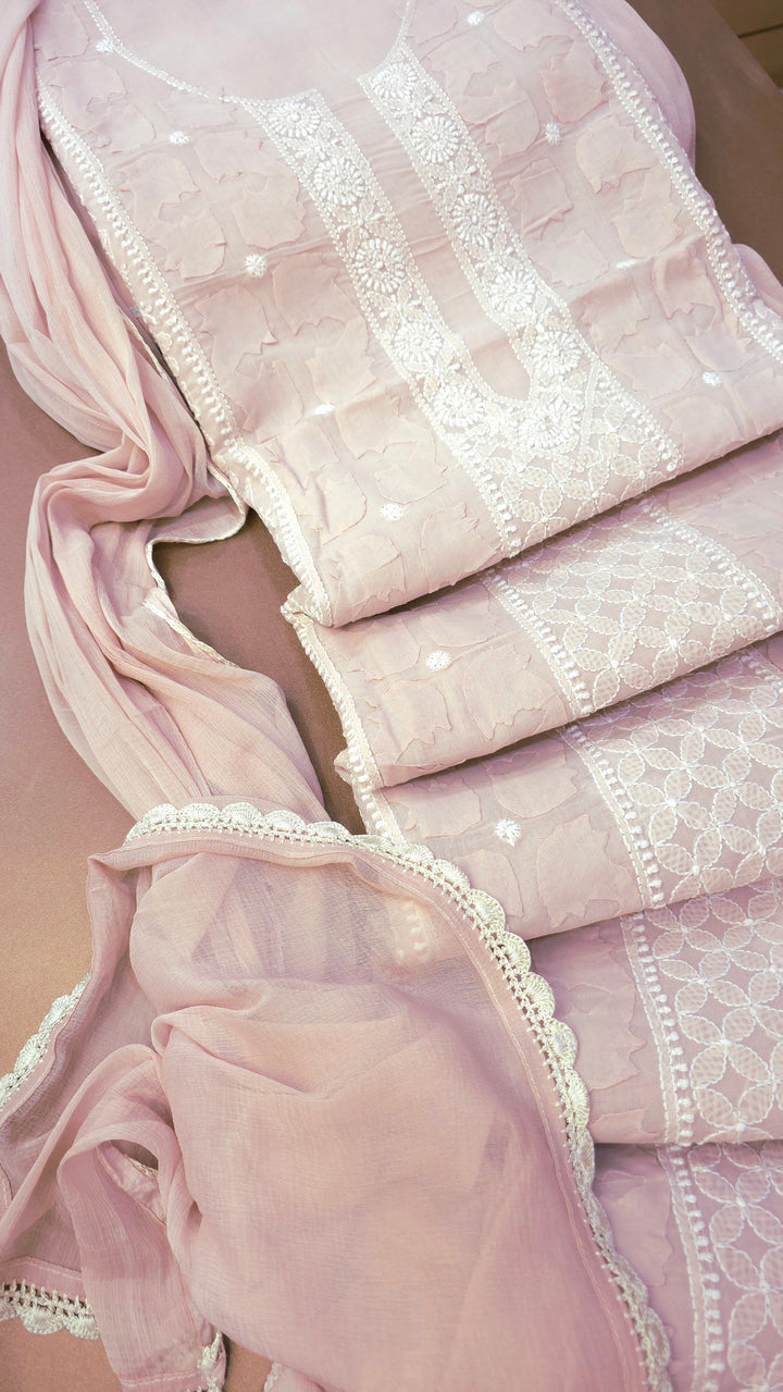 Darz Lucknowi Chikankari  Dress Material – Handmade Cotton Suit with Chiffon Dupatta