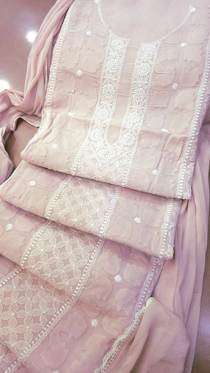 Darz Lucknowi Chikankari  Dress Material – Handmade Cotton Suit with Chiffon Dupatta