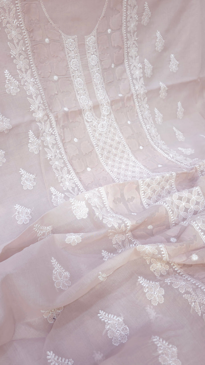 Darz Lucknowi Chikankari  Dress Material – Handmade Cotton Suit with Chiffon Dupatta