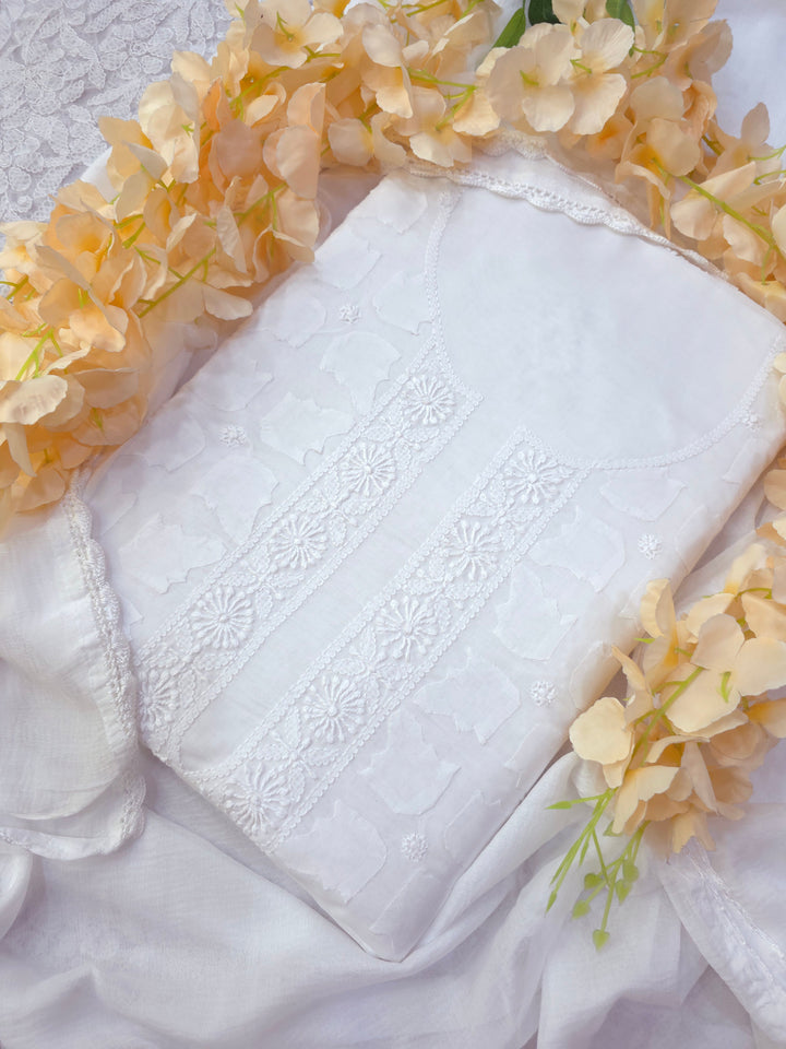 Darz Lucknowi Chikankari  Dress Material – Handmade Cotton Suit with Chiffon Dupatta