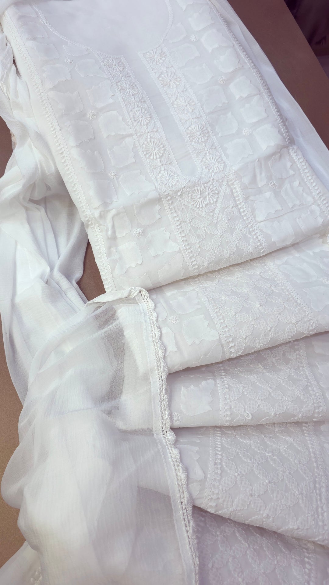 Darz Lucknowi Chikankari  Dress Material – Handmade Cotton Suit with Chiffon Dupatta