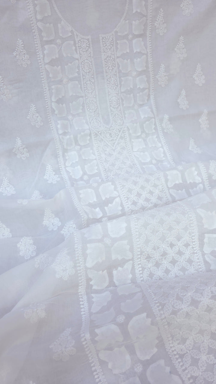 Darz Lucknowi Chikankari  Dress Material – Handmade Cotton Suit with Chiffon Dupatta