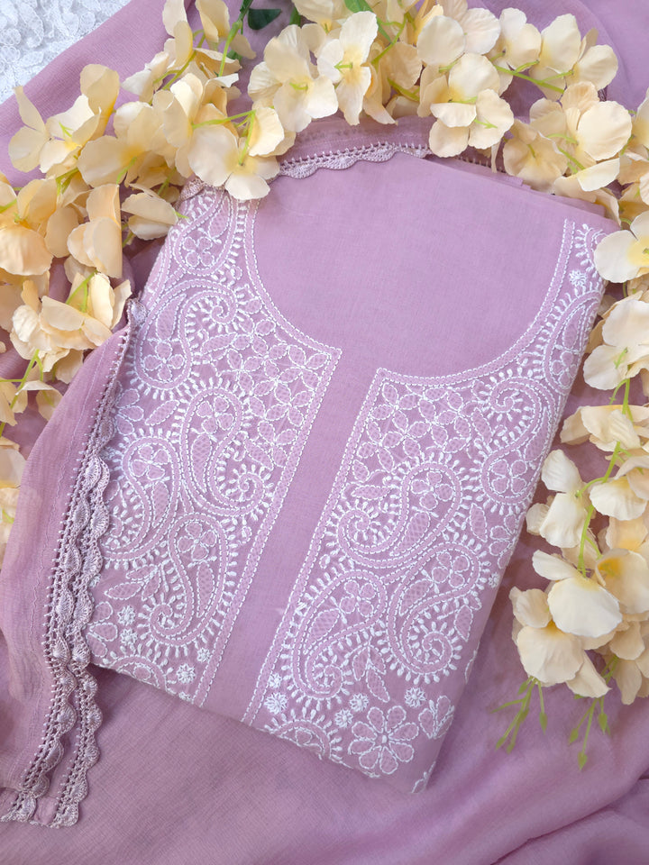 Darz Lucknowi Chikankari  Dress Material – Handmade Cotton Suit with Chiffon Dupatta
