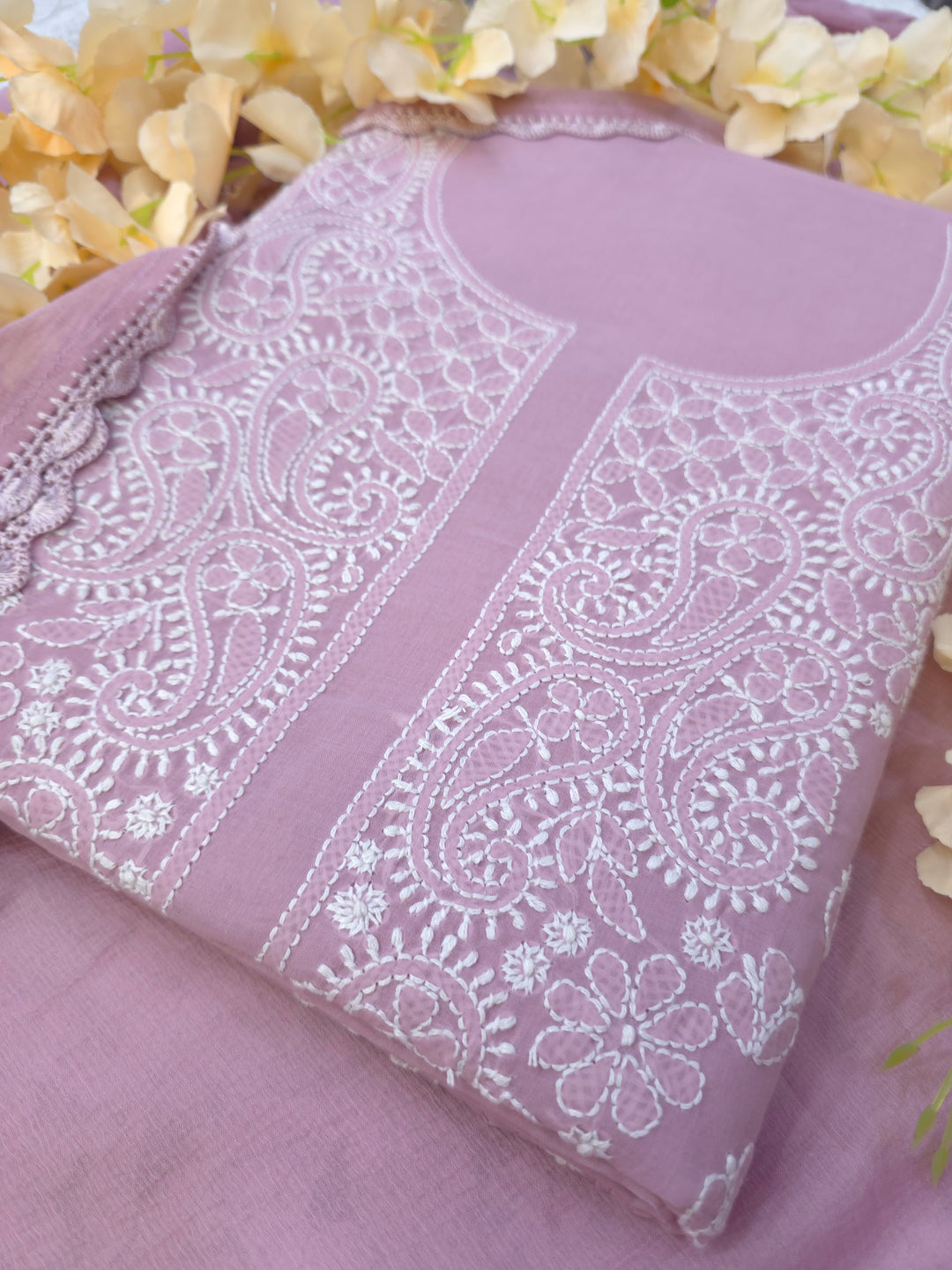 Darz Lucknowi Chikankari  Dress Material – Handmade Cotton Suit with Chiffon Dupatta