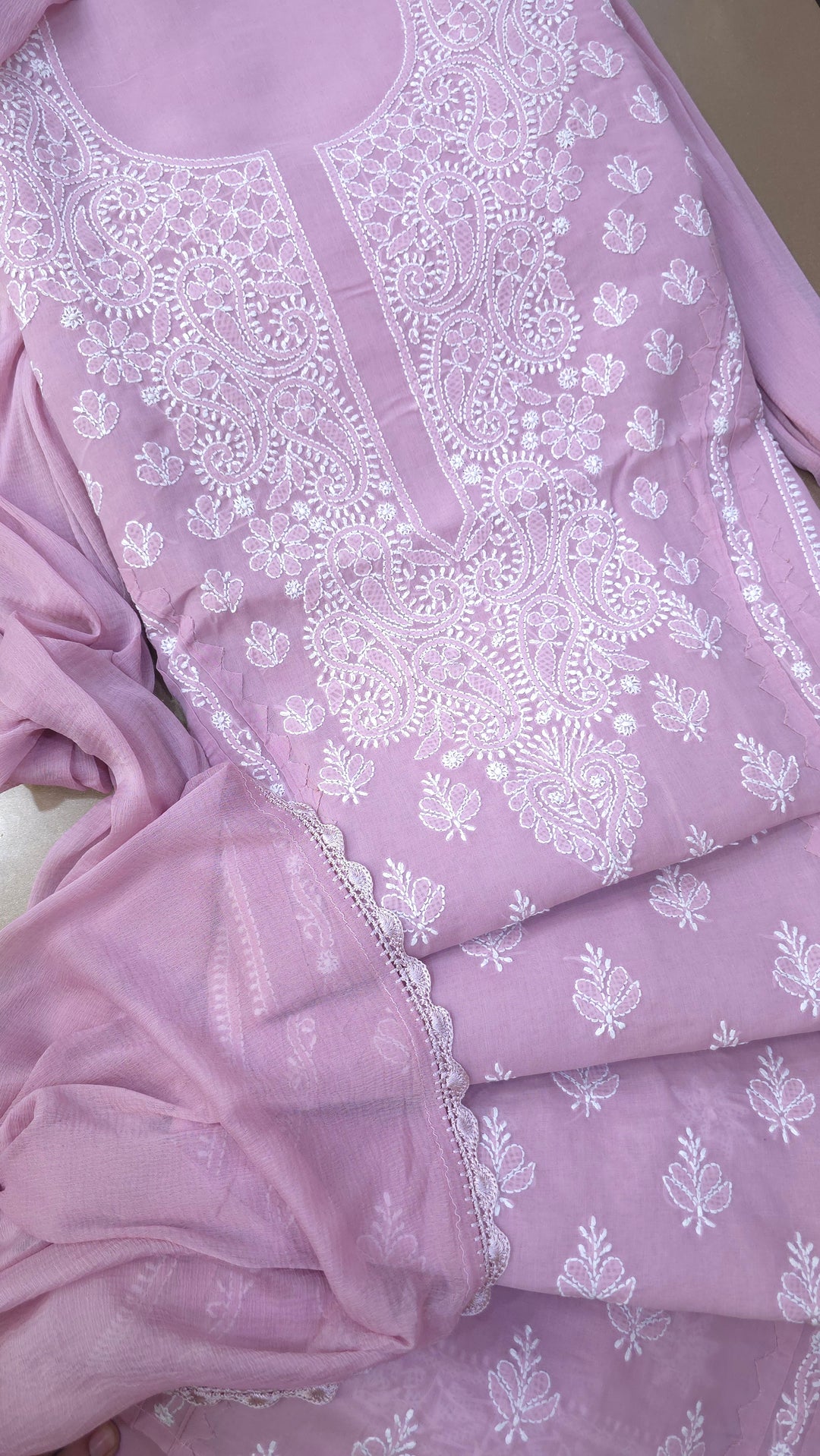 Darz Lucknowi Chikankari  Dress Material – Handmade Cotton Suit with Chiffon Dupatta