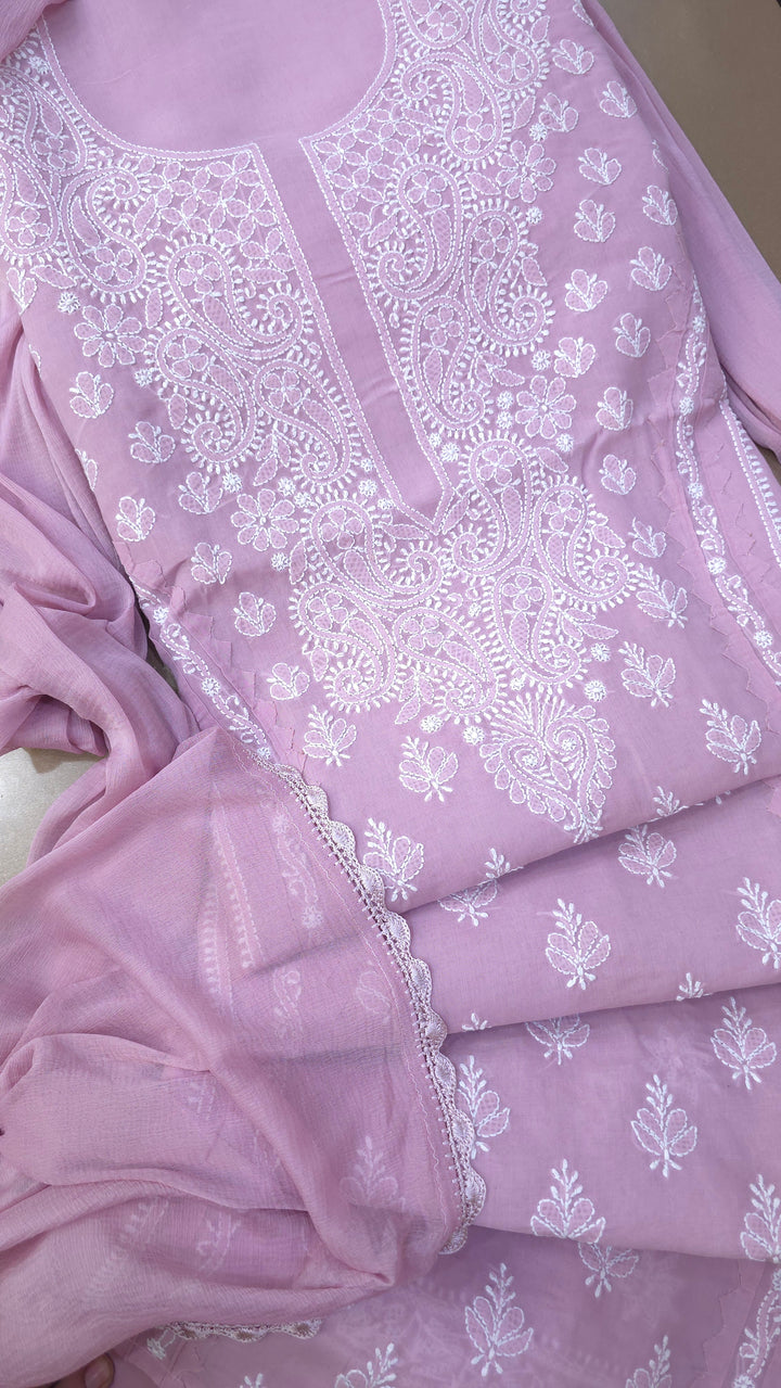 Darz Lucknowi Chikankari  Dress Material – Handmade Cotton Suit with Chiffon Dupatta