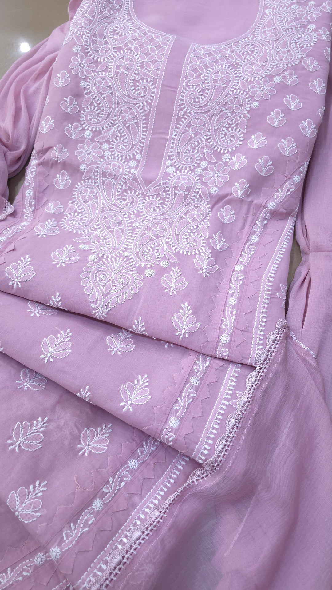 Darz Lucknowi Chikankari  Dress Material – Handmade Cotton Suit with Chiffon Dupatta