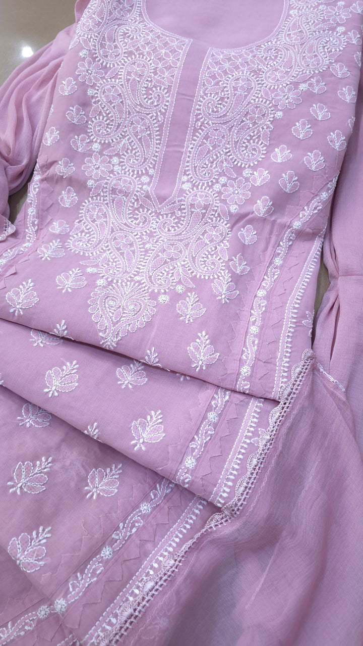 Darz Lucknowi Chikankari  Dress Material – Handmade Cotton Suit with Chiffon Dupatta
