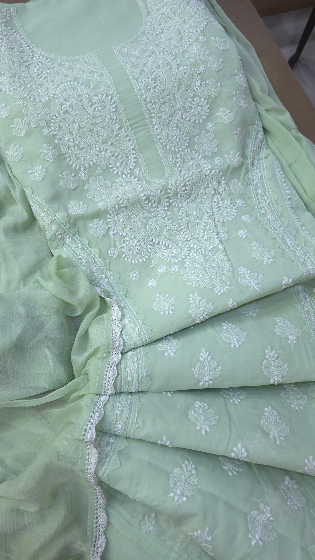 Darz Lucknowi Chikankari  Dress Material – Handmade Cotton Suit with Chiffon Dupatta
