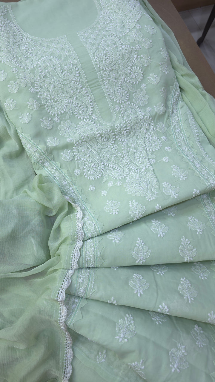 Darz Lucknowi Chikankari  Dress Material – Handmade Cotton Suit with Chiffon Dupatta