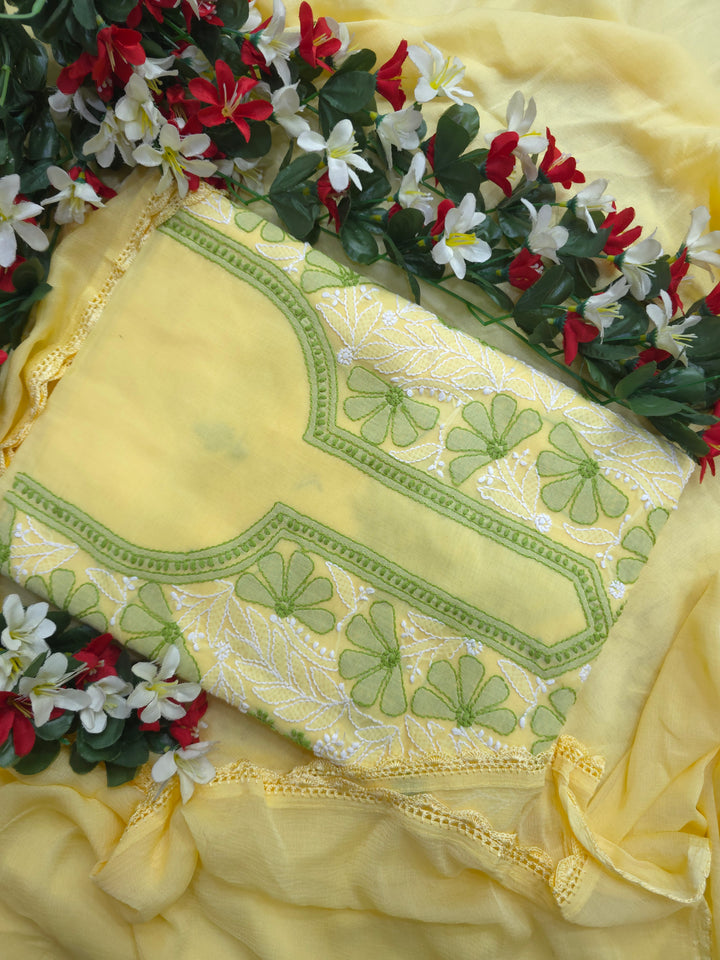 TANJEEB Cotton Chikankari Dress Material Set with Hand Embroidered Kurta, Bottom & Chiffon Dupatta with Handmade Crochet Border