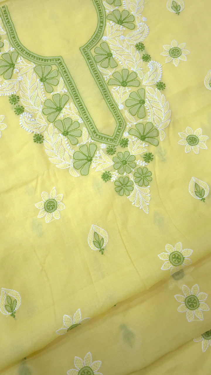 TANJEEB Cotton Chikankari Dress Material Set with Hand Embroidered Kurta, Bottom & Chiffon Dupatta with Handmade Crochet Border